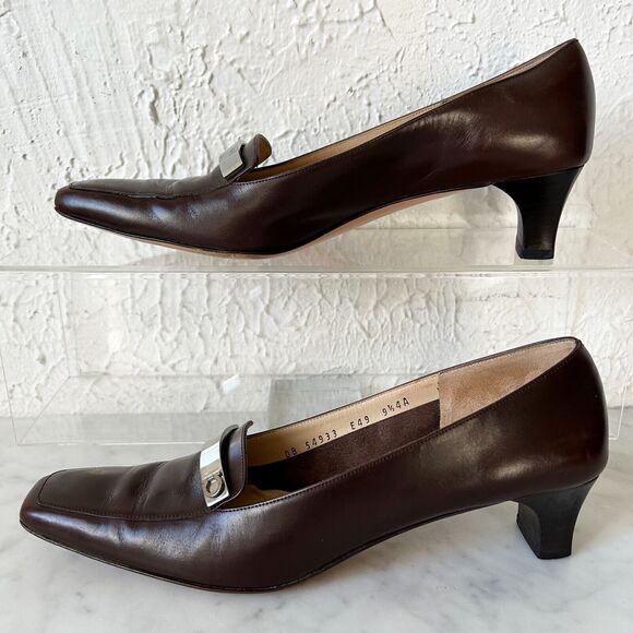 Salvatore Ferragamo Brown Leather Pumps 9.5 AAAA Narrow Silver Bar Square Toe - Picture 2 of 8